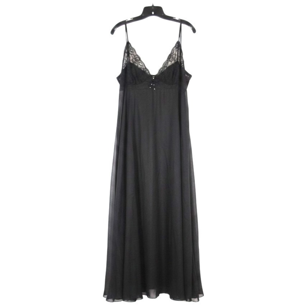 VTG MOVIE STAR Black Night Gown NYLON SOLID MIDDLE Chiffon Sides LACE BUST sz XL